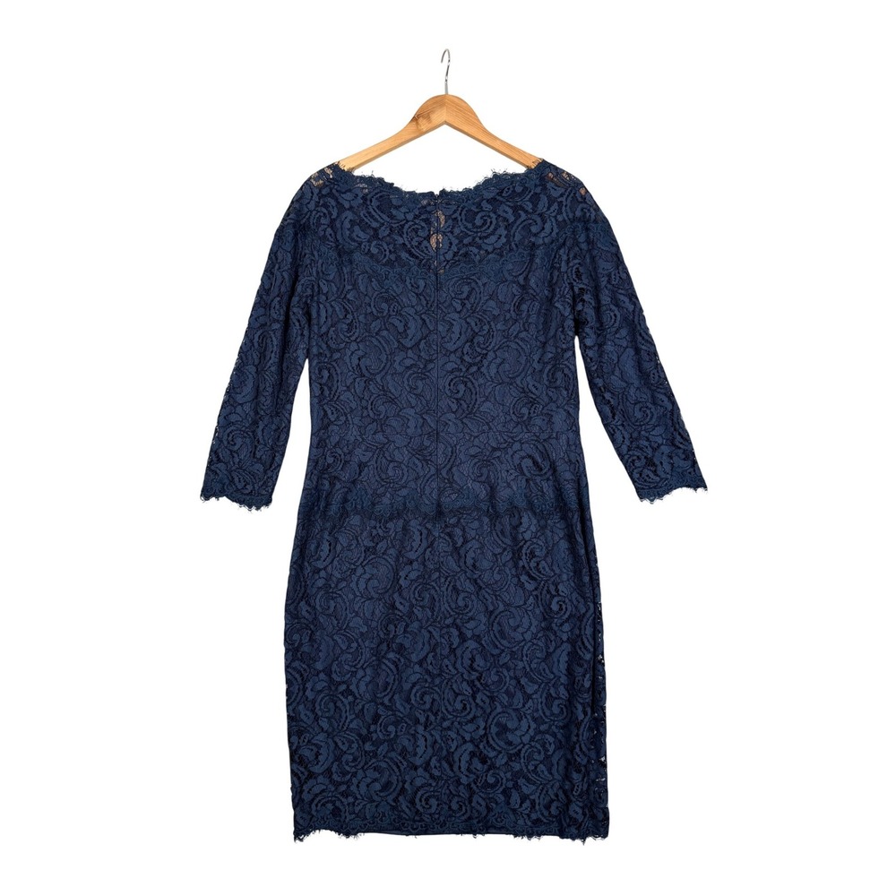 Tadashi Shoji Lace Sheath Dress 14 Navy Blue Formal Wedding Guest - Picture 2 of 11